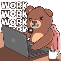a cartoon of a teddy bear using a laptop with the word work behind him