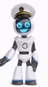 a cartoon robot wearing a captain 's hat is holding his hands in the air .