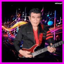 a man in a black jacket is playing a red guitar in front of music notes