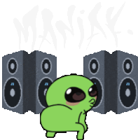 a cartoon of a green alien dancing in front of speakers with the word maniky on the bottom