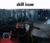 a video game screen shows a man on a scooter and the words skill issue below