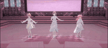 three anime girls in white dresses are dancing on a pink checkered floor