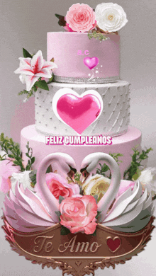 a pink and white cake with two swans on it and a sign that says te amo