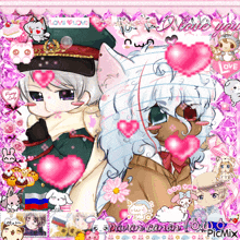 a picture of a boy and a girl with pink hearts and the words i love you on the bottom