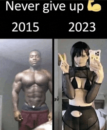 a man and a woman are taking a selfie in front of a mirror . the woman is wearing a bikini .