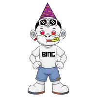 a cartoon monkey wearing a party hat and sunglasses is wearing a shirt that says binc