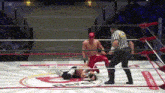 a referee is standing next to a wrestler in a ring
