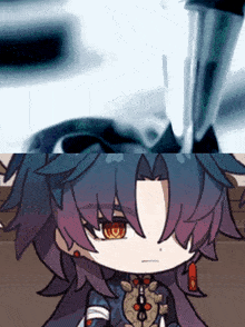 a cartoon character with purple hair and red eyes holding a sword