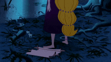 a cartoon of a woman with long hair standing in a dark forest