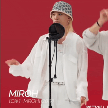 a person standing in front of a microphone with the name mirgh on the bottom