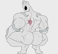 a drawing of a muscular man squatting down with a heart in his chest .
