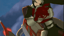 a close up of a cartoon character with a sword