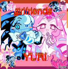 a picture of two cartoon characters with the words girlfriends yuri in red