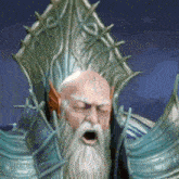 a man with a beard and a crown on his head is sitting in a chair with his mouth open .