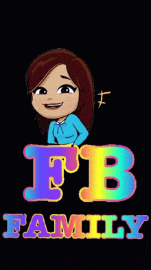 a cartoon of a woman laughing with the words fb family on the bottom