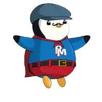 a penguin wearing a cape and a shirt with the letter pm on it
