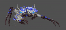 a pixel art drawing of a crab with blue cubes on it 's head
