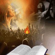 a bible is open to a page with a flame in the middle