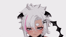 a girl with white hair and bat ears is holding a black bat .