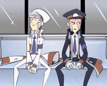 a cartoon drawing of two men sitting next to each other with the letters rc on the bottom right