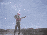 a man is standing in front of a purple light that says ultraman official on the bottom