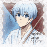 a boy with blue hair is holding an umbrella and the name sophiori canon is on the bottom of the picture