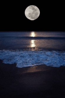 a full moon is shining over the ocean at night