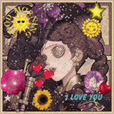 a drawing of a woman with hearts in her mouth and the words i love you on the bottom
