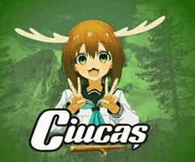 a girl with antlers on her head giving a peace sign and the word ciucas below her