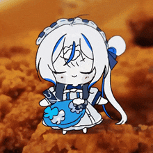 a cartoon girl with white hair and blue ribbons is holding a blue bag