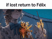 a drawing of a woman with the words if lost return to felix on the bottom