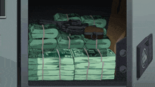 a safe filled with stacks of hundred dollar bills and a gun