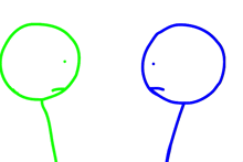 a drawing of a green stick figure holding a briefcase