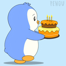 a penguin is holding a cake with three candles