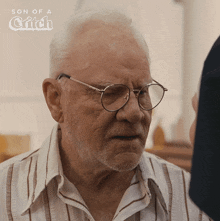 an older man wearing glasses and a striped shirt is featured in a son of a critch ad