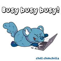 a cartoon of a mouse using a laptop with the words busy busy busy