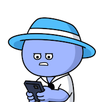 a cartoon character wearing a blue hat is holding a cellphone