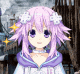 a cartoon character with purple hair and a white cross on her head