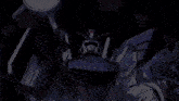 a blue and white robot is flying through the air in a space scene .