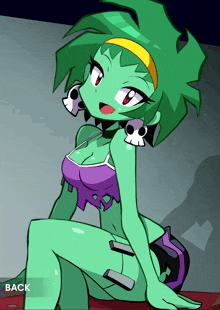 a cartoon drawing of a girl with green hair and a skull earring says back