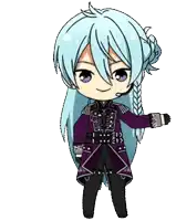a cartoon of a girl with long blue hair wearing a purple jacket and black pants .