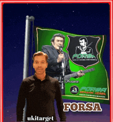 a man is standing in front of a forsa flag