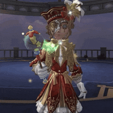 a cartoon character in a red and gold outfit is holding a bottle