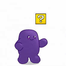 a purple cartoon character with a yellow star and a question mark
