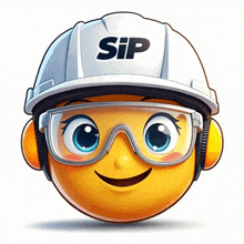 a cartoon smiley face wearing safety goggles and a hard hat that says sip