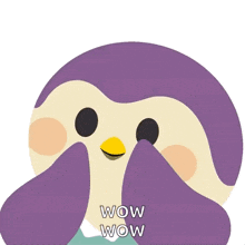 a penguin is covering its mouth with its hands and the words wow wow wow are below it