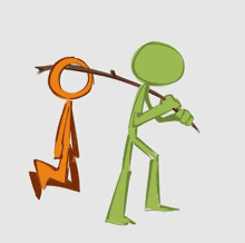 a green stick figure is carrying a brown stick figure on his back