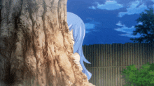 a girl with blue hair peeking out from behind a tree trunk
