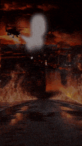 a man with a tattoo on his arm is standing in front of a fire with a helicopter in the background