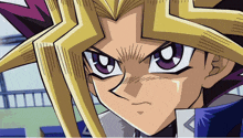 a close up of a cartoon character 's face with a purple eye